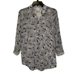 CAbi Blouse Size XS Gray Multi Floral‎ Pattern Womens Sheer Button Up Polyester